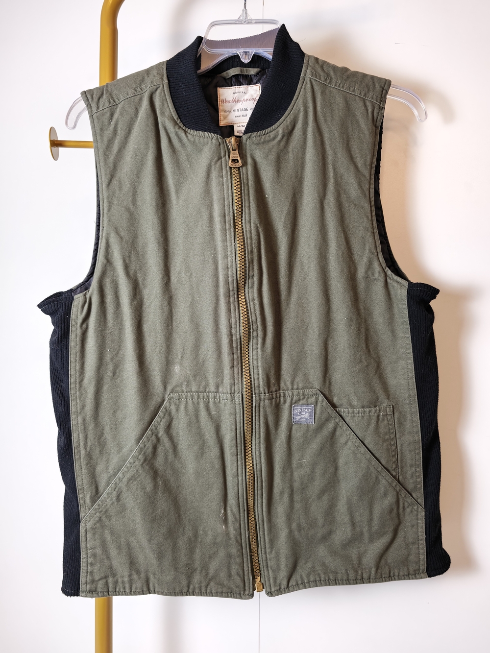 Original Weatherproof Vintage Mens Olive Green Utility Zip Vest Black Trim M